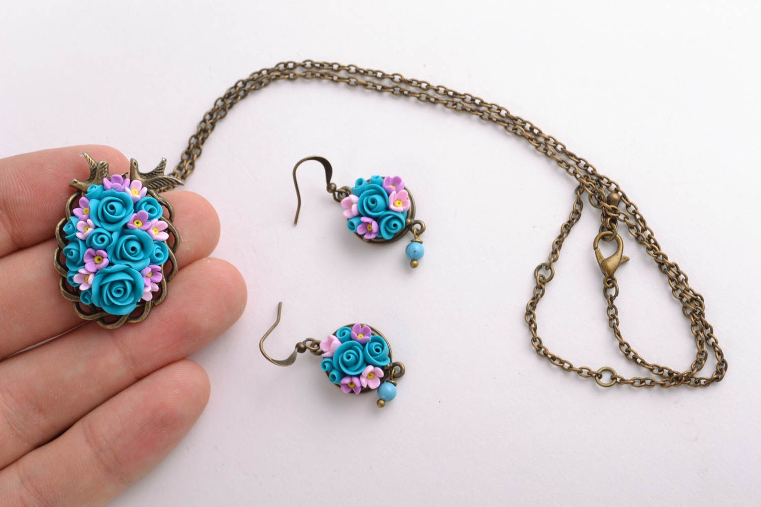 Polymer clay jewelry set earrings and pendant photo 2