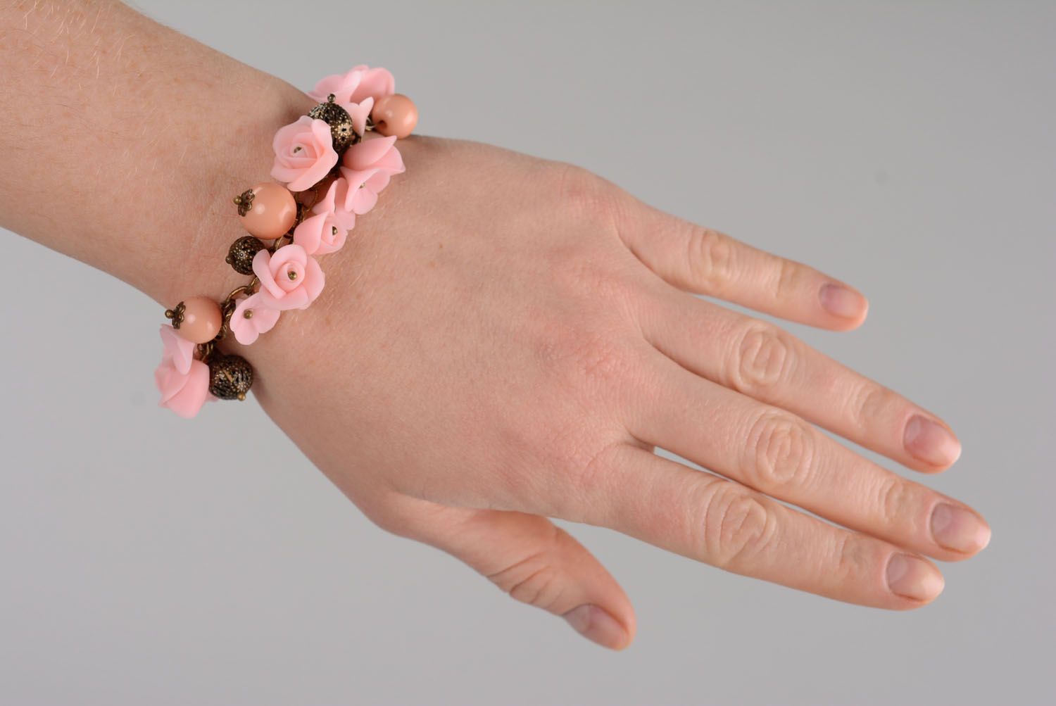 Pink peach color roses charm bracelet for a girl photo 1