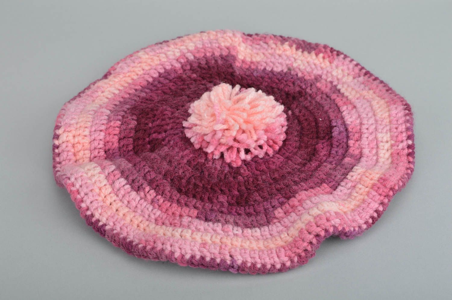 Crocheted handmade baby beret with pompon pink warm stylish hat for girls photo 2