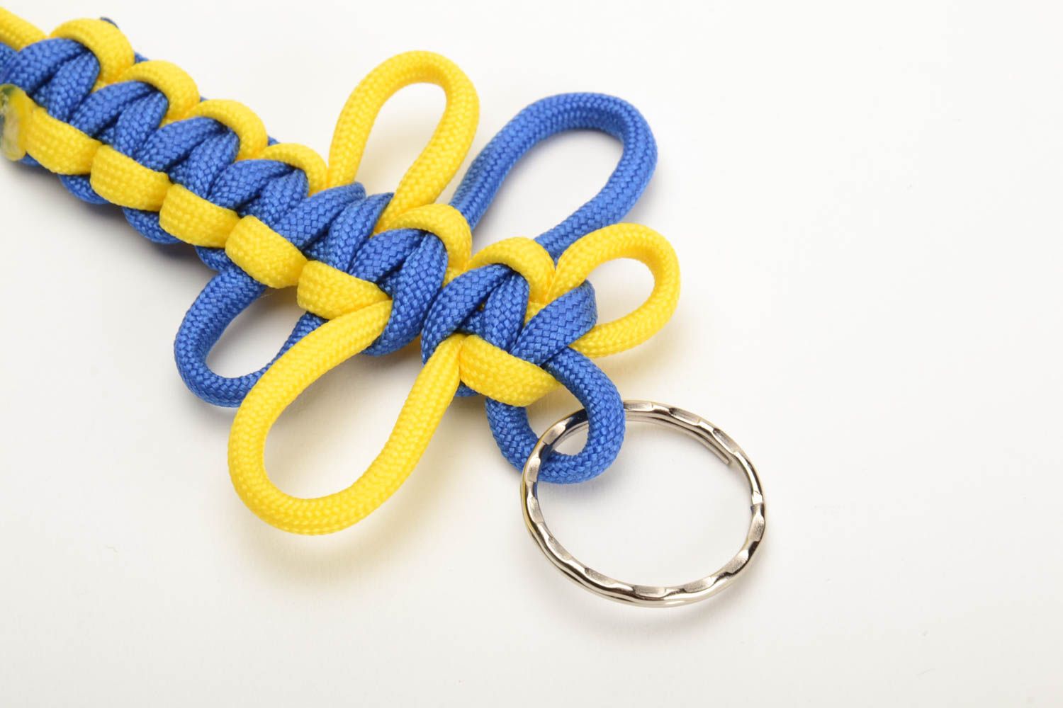 Blue and yellow handmade keychain woven of American paracord photo 5