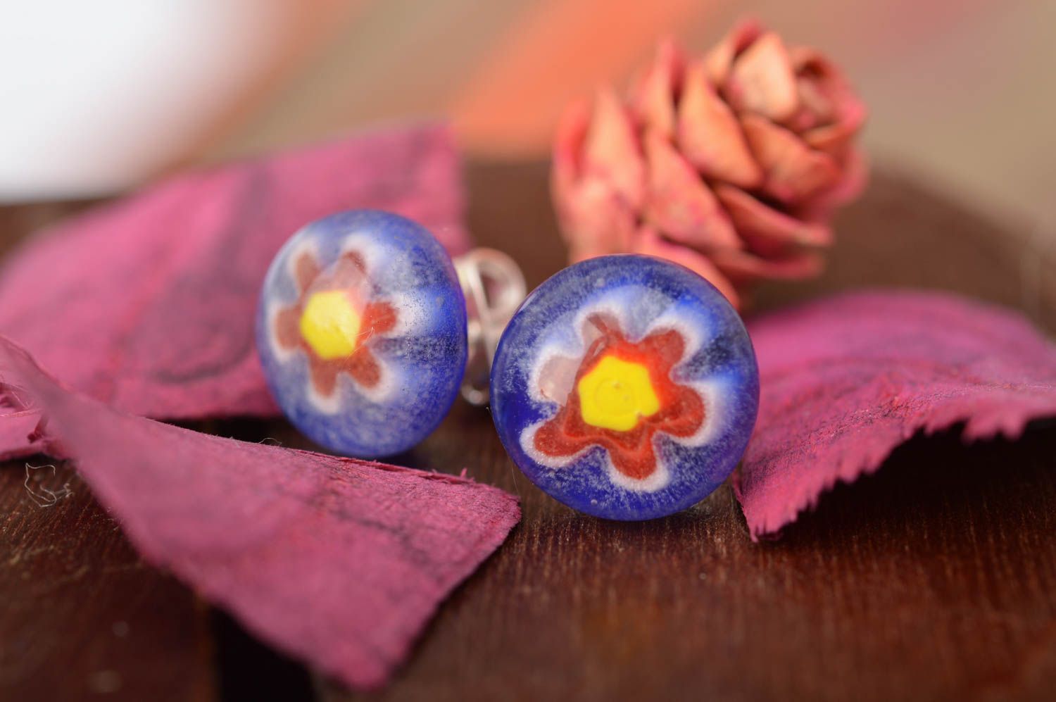 Beautiful round handmade millefiori glass stud earrings with silver fittings photo 1