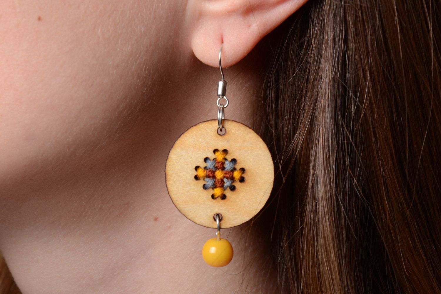 Handmade round plywood earrings with cross-stitch embroidery in eco style photo 5