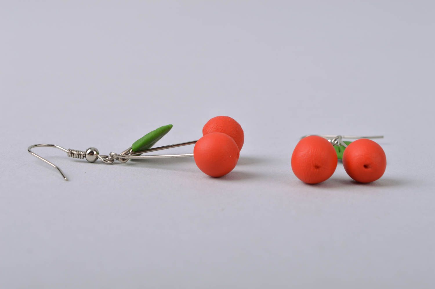 Handmade designer dangle earrings with cold porcelain red cherries with leaves photo 4