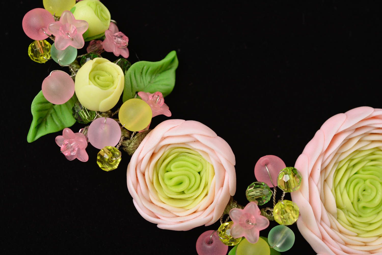 Handmade designer necklace with light pink polymer clay flowers Ranunculus photo 3