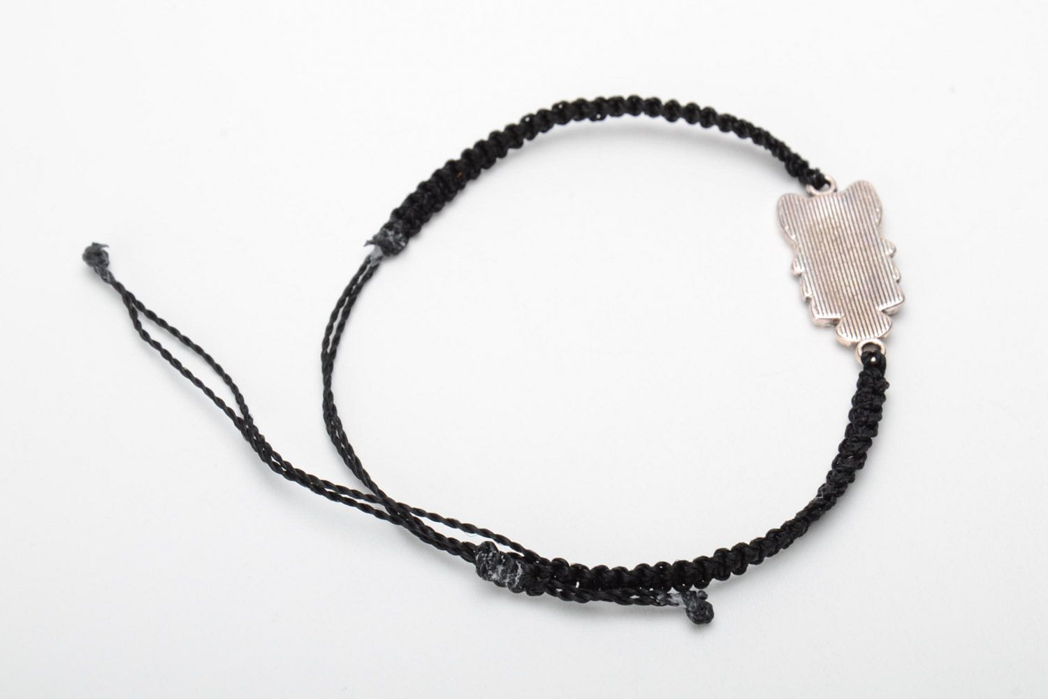 Handmade black woven capron thread wrist bracelet with metal charm in the shape of owl photo 4