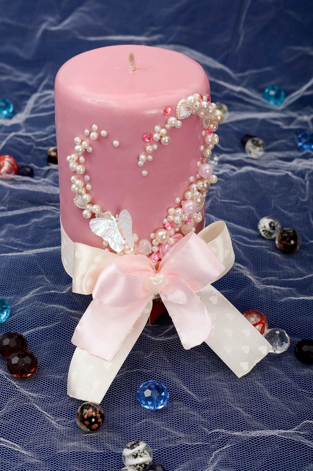Unscented pink holiday wedding pillar candle with non-toxic cord 5,12 inch, 1.44 lb photo 1