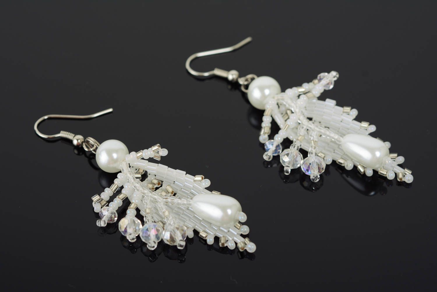 Unusual handmade designer beaded earrings with pearl-like beads photo 1