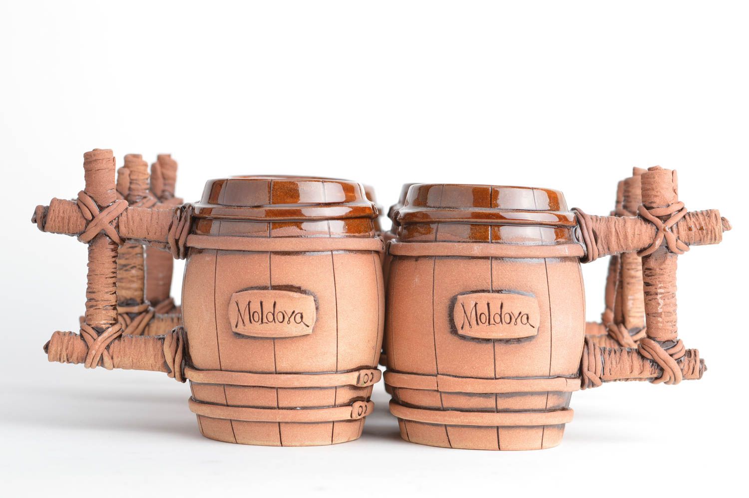 Set of 6 handmade large ceramic ethnic mugs with figured handles glazed photo 4
