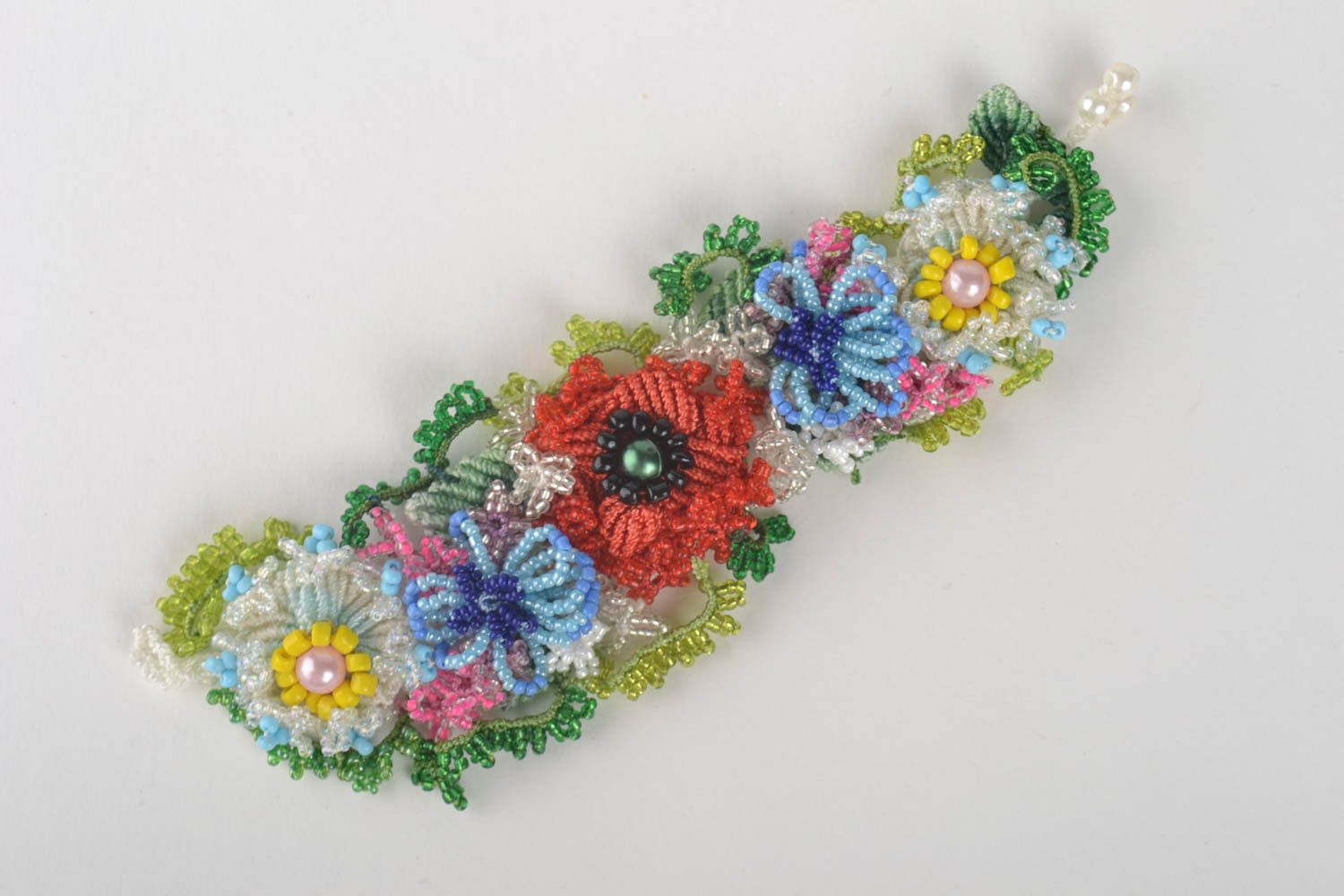 Bracelet textile Bijou fait main Accessoire femme avec fleurs perles de rocaille photo 2