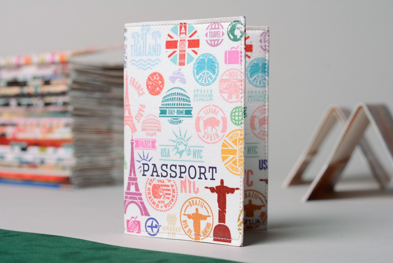 Homemade genuine leather passport cover with print photo 1