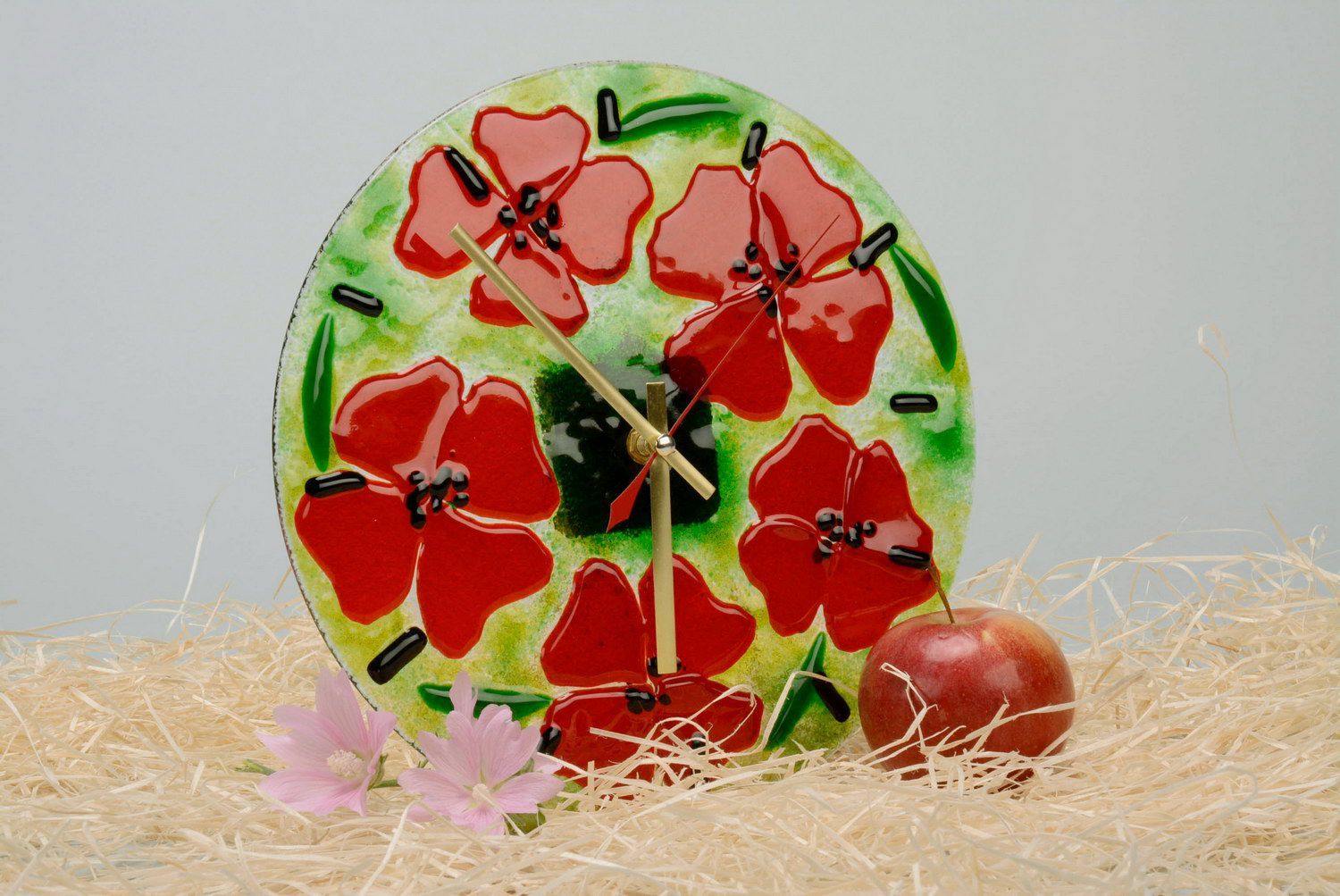 Glass clock made using the fusing technique Poppies photo 3