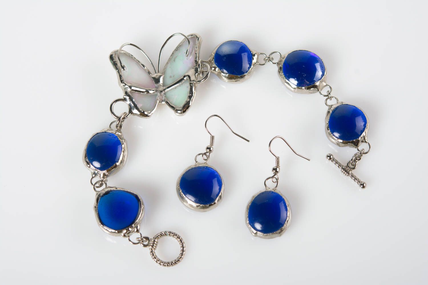 Boucles d'oreilles et bracelet bleus faits main en verre vitrail accessoires photo 1