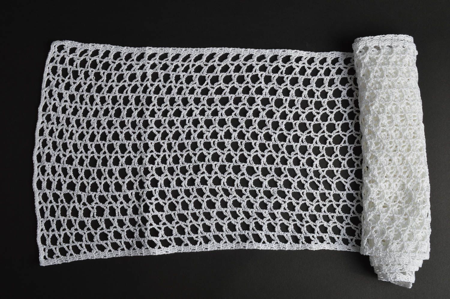 Delicate handmade rectangular white doily crocheted of cotton yarns photo 1