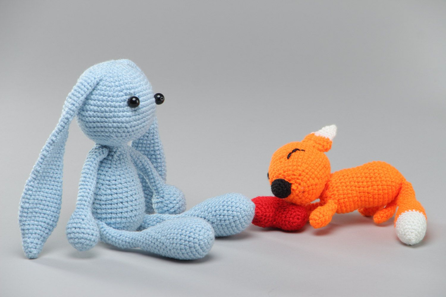 Set of handmade crochet soft toys 2 pieces little hare and fox for children photo 2