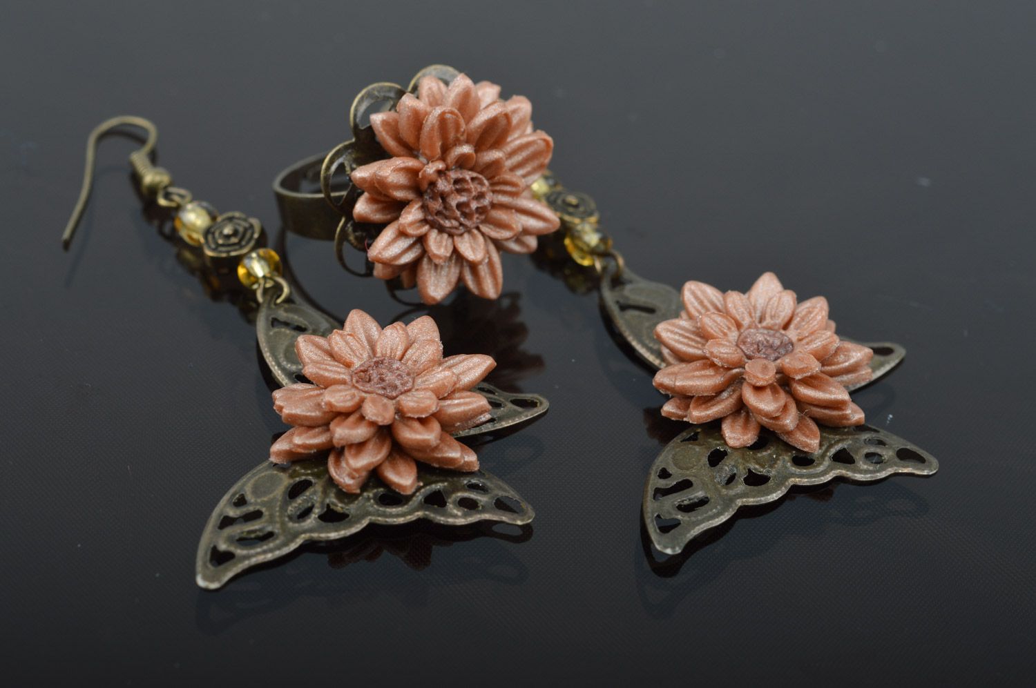 Handmade polymer clay and metal jewelry set with butterflies 2 items earrings and ring photo 4