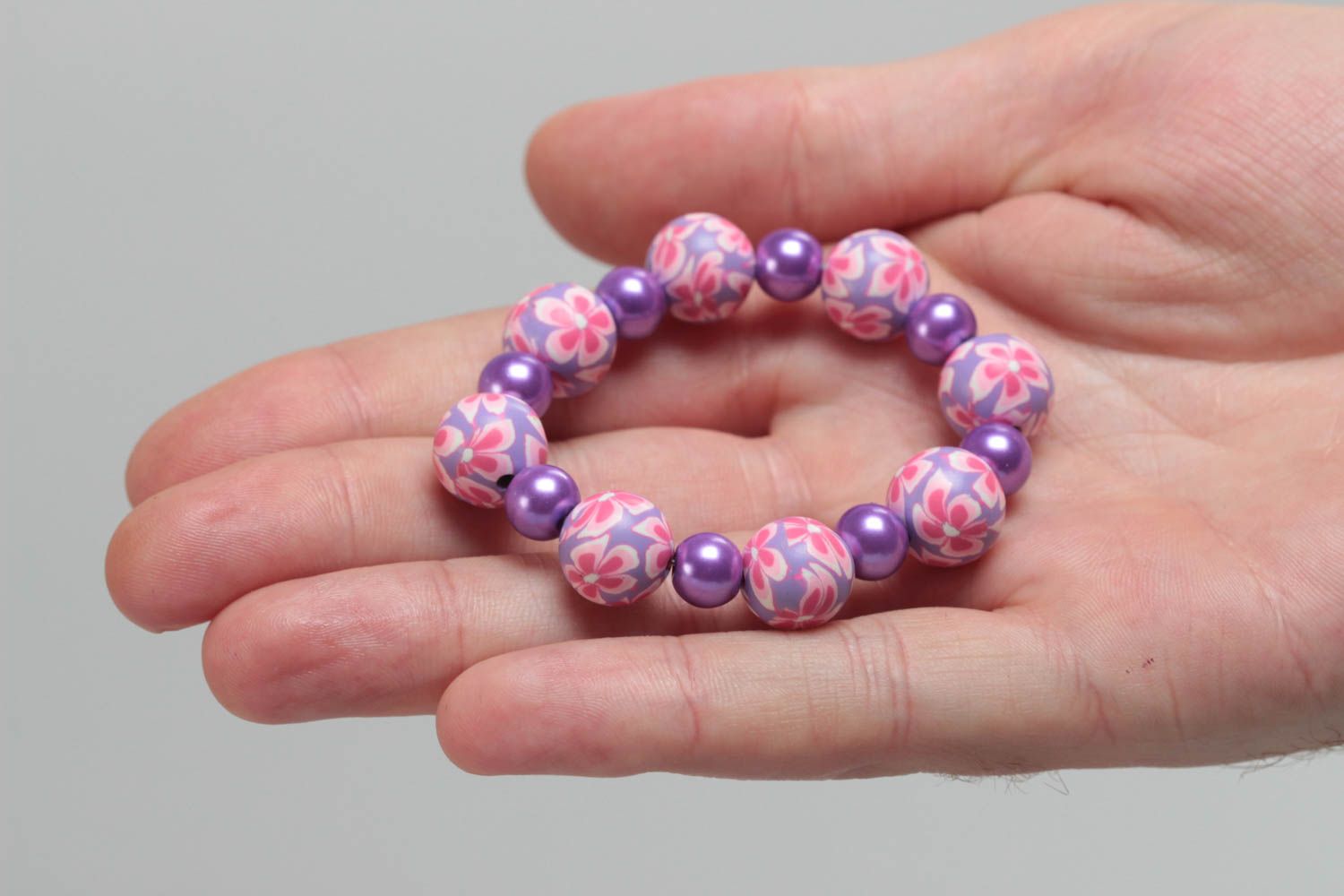 Violet handmade children's polymer clay wrist bracelet with beads photo 5