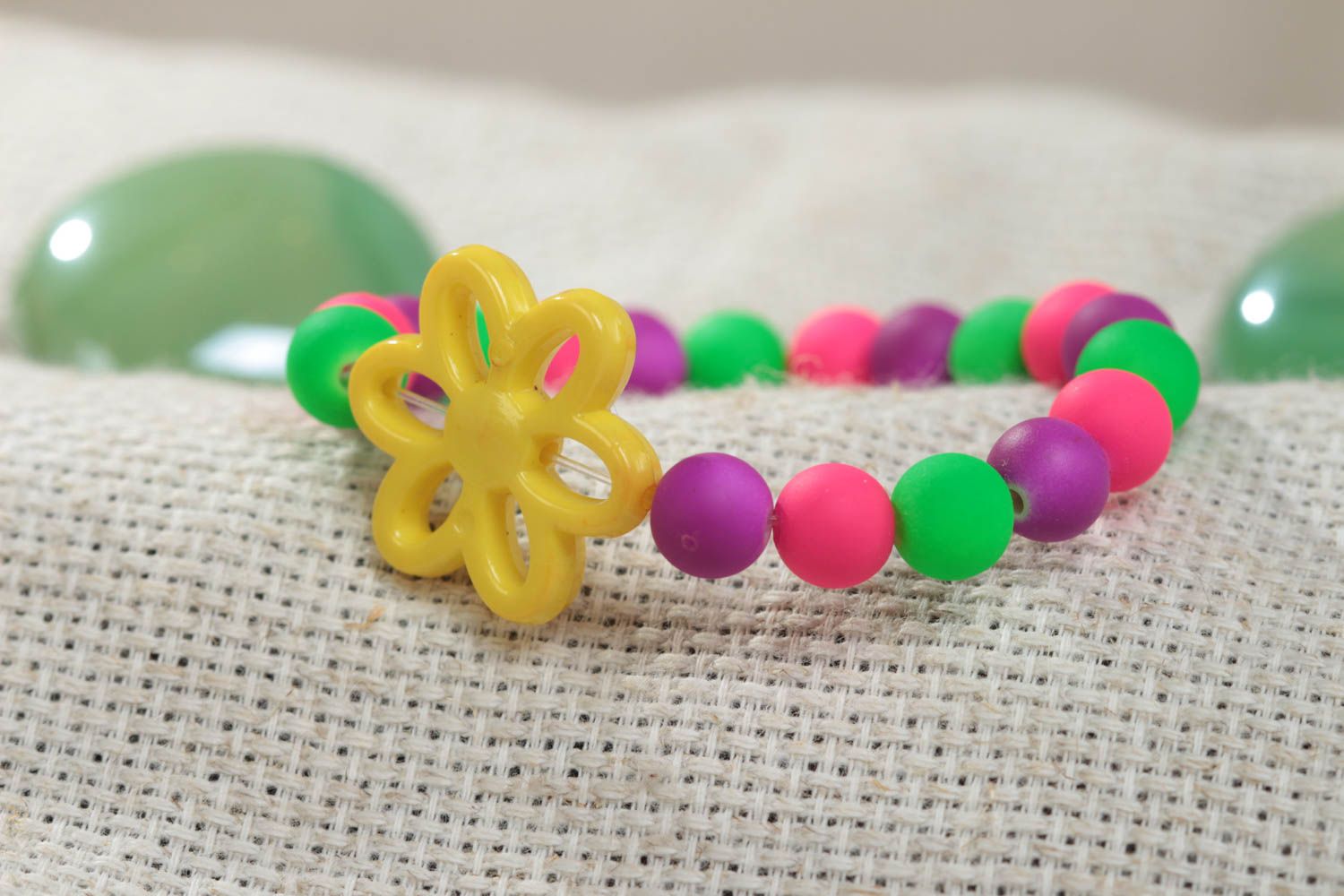 Unusual bright handmade children's plastic ball bracelet with flower photo 1