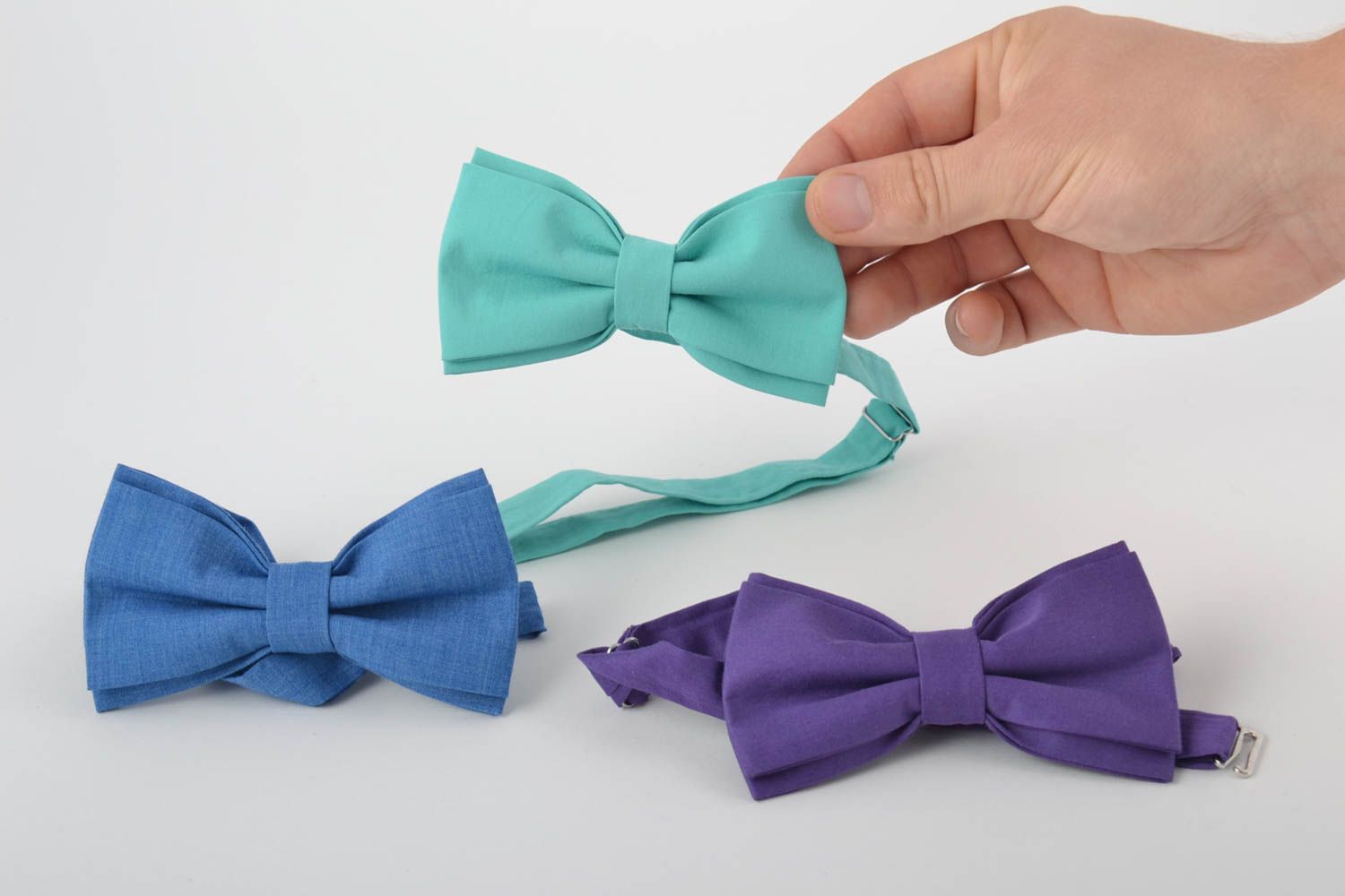 Set of 3 handmade designer unusual cotton fabric bow ties photo 4