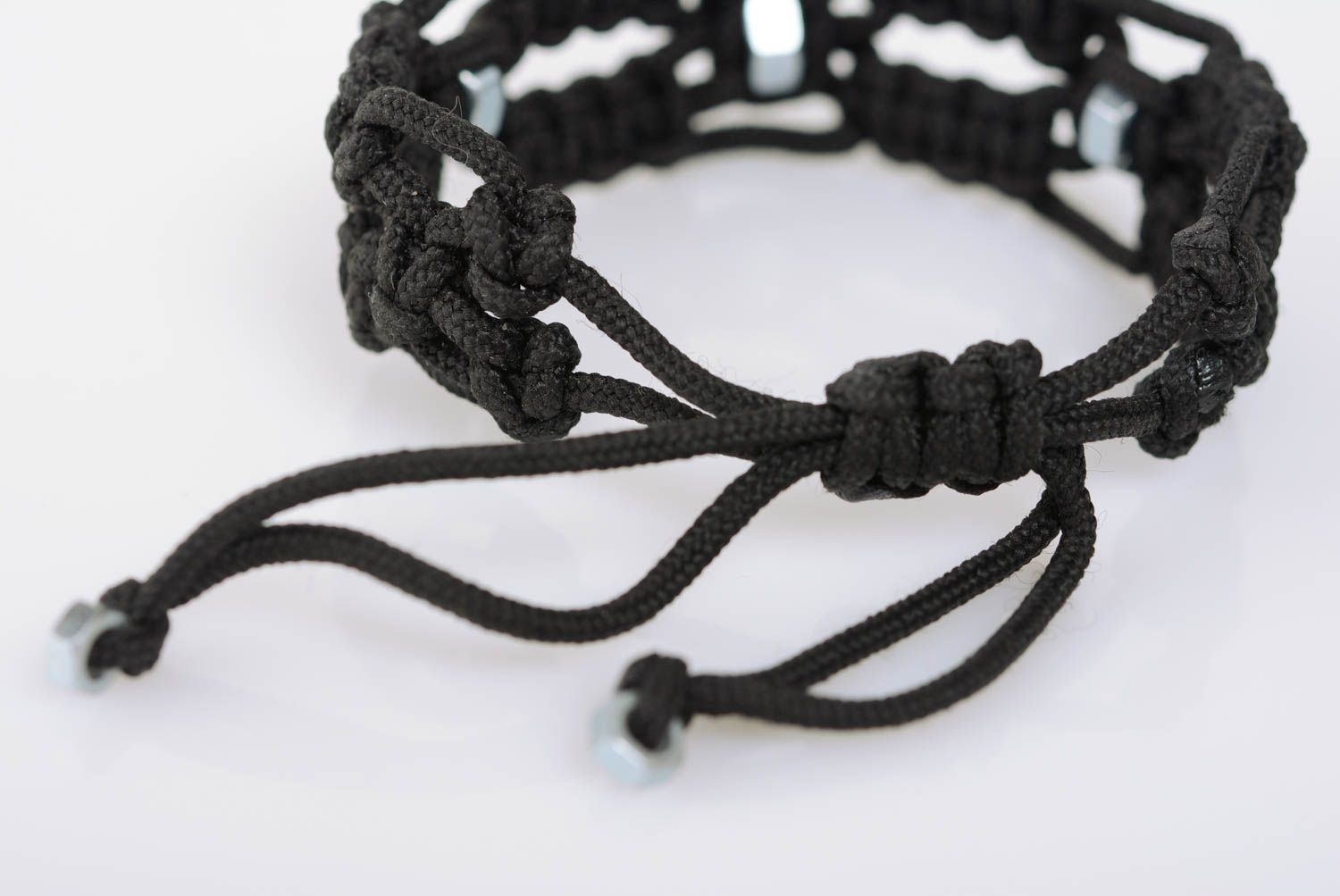 Beautiful handmade black macrame woven cord bracelet with stainless steel nuts photo 5