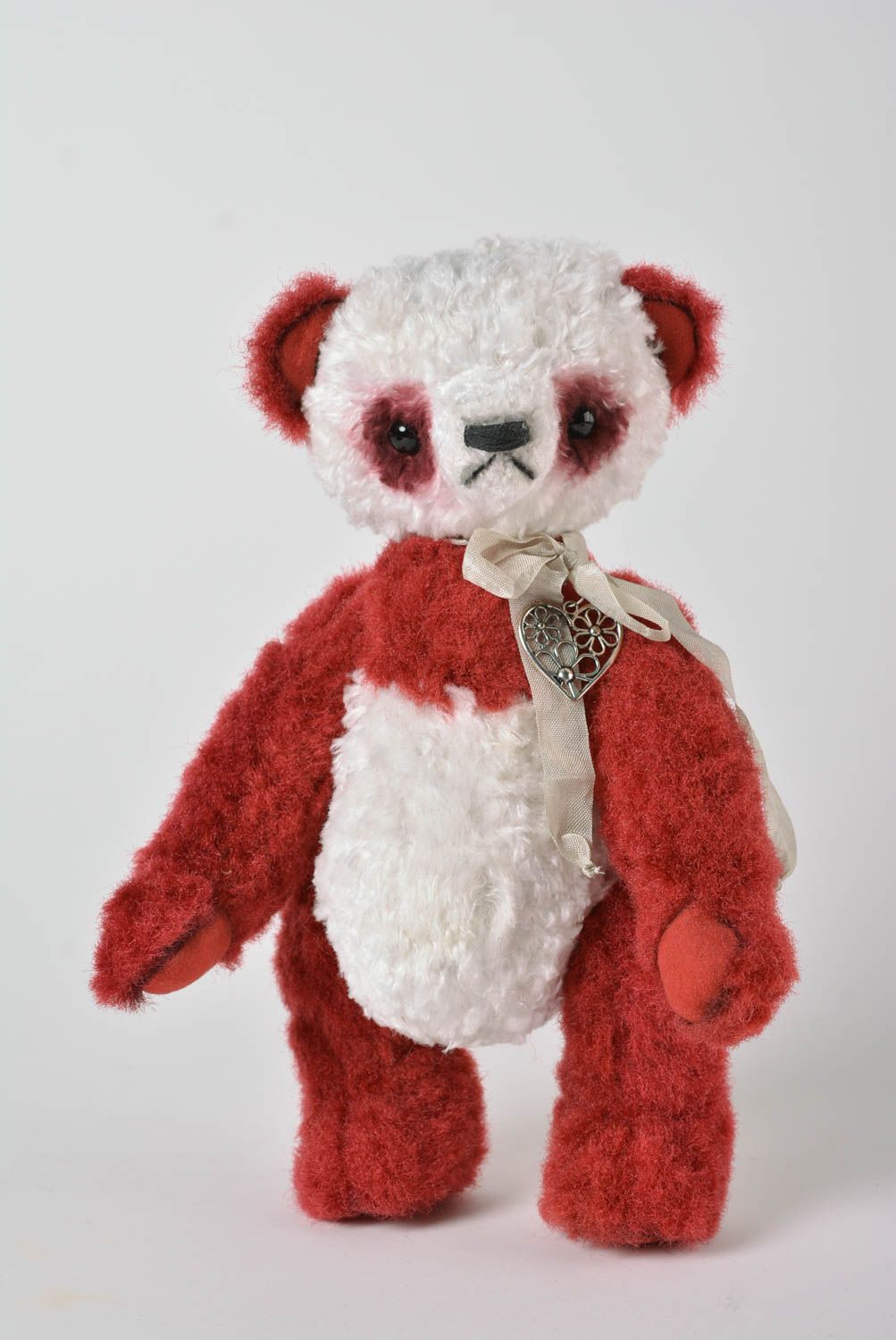 Peluche ours panda rouge-blanc Jouet fait main peluche coton Cadeau enfant photo 3