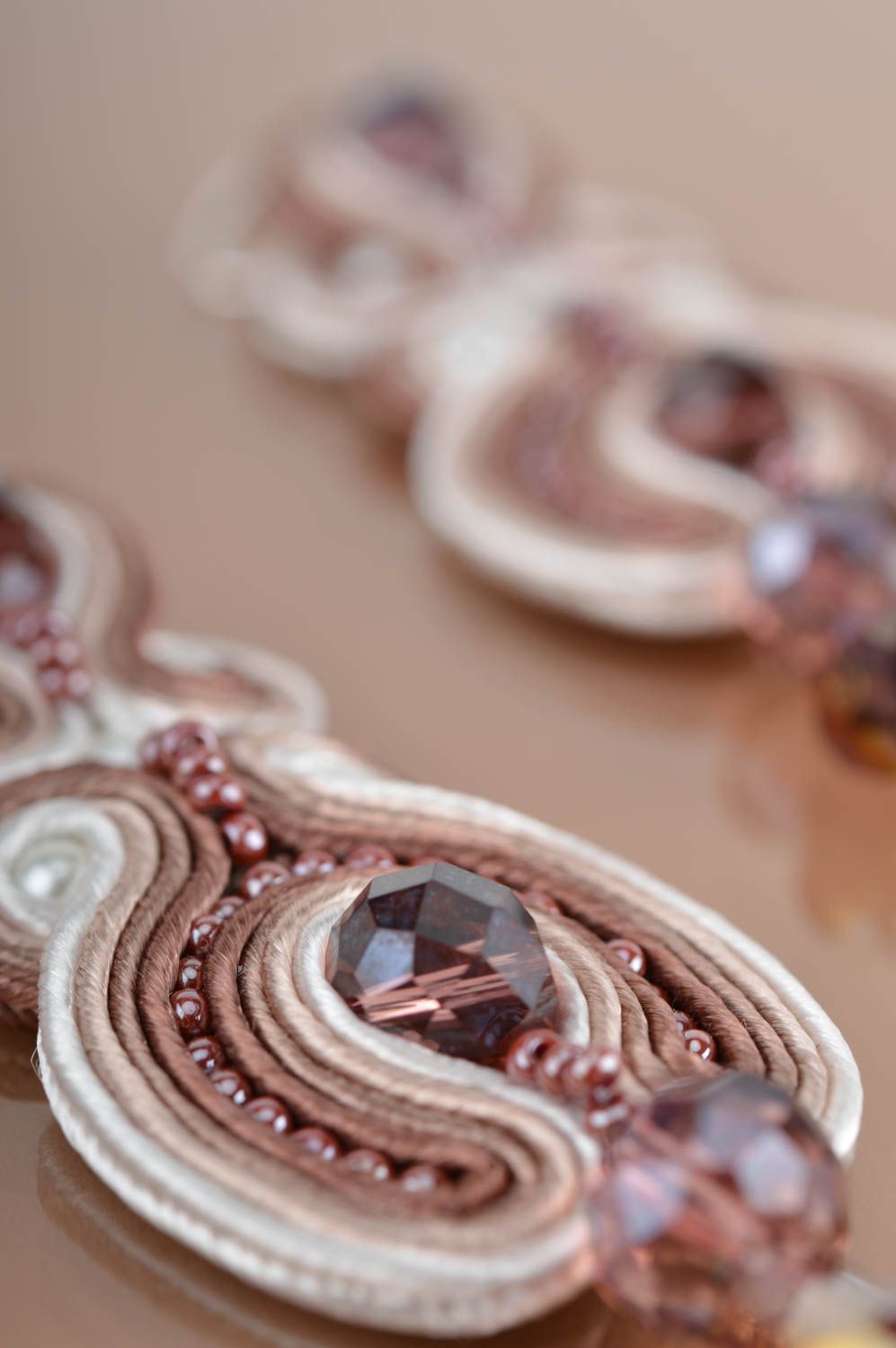 Beautiful handmade long soutache earrings with beads and crystals photo 4