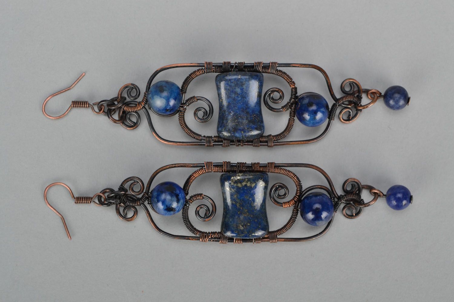 Handmade metal earrings with lazurite and agate photo 3