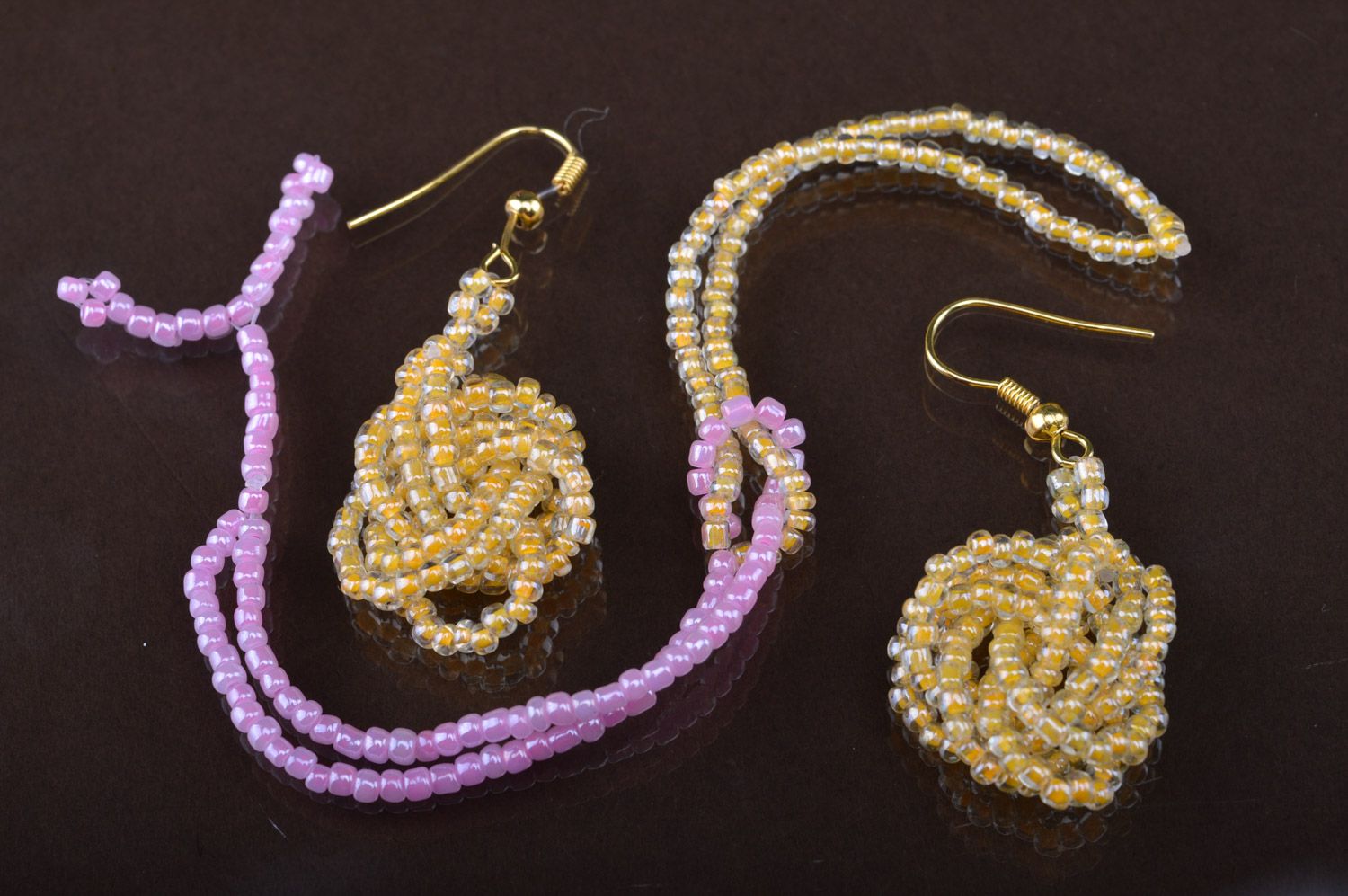 Handmade beaded jewelry set in tender colors dangle earrings and wrist bracelet photo 2
