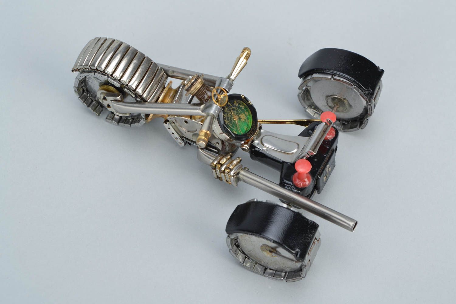 Handmade metal steampunk figurine of trike motorcycle with clock mechanisms photo 3