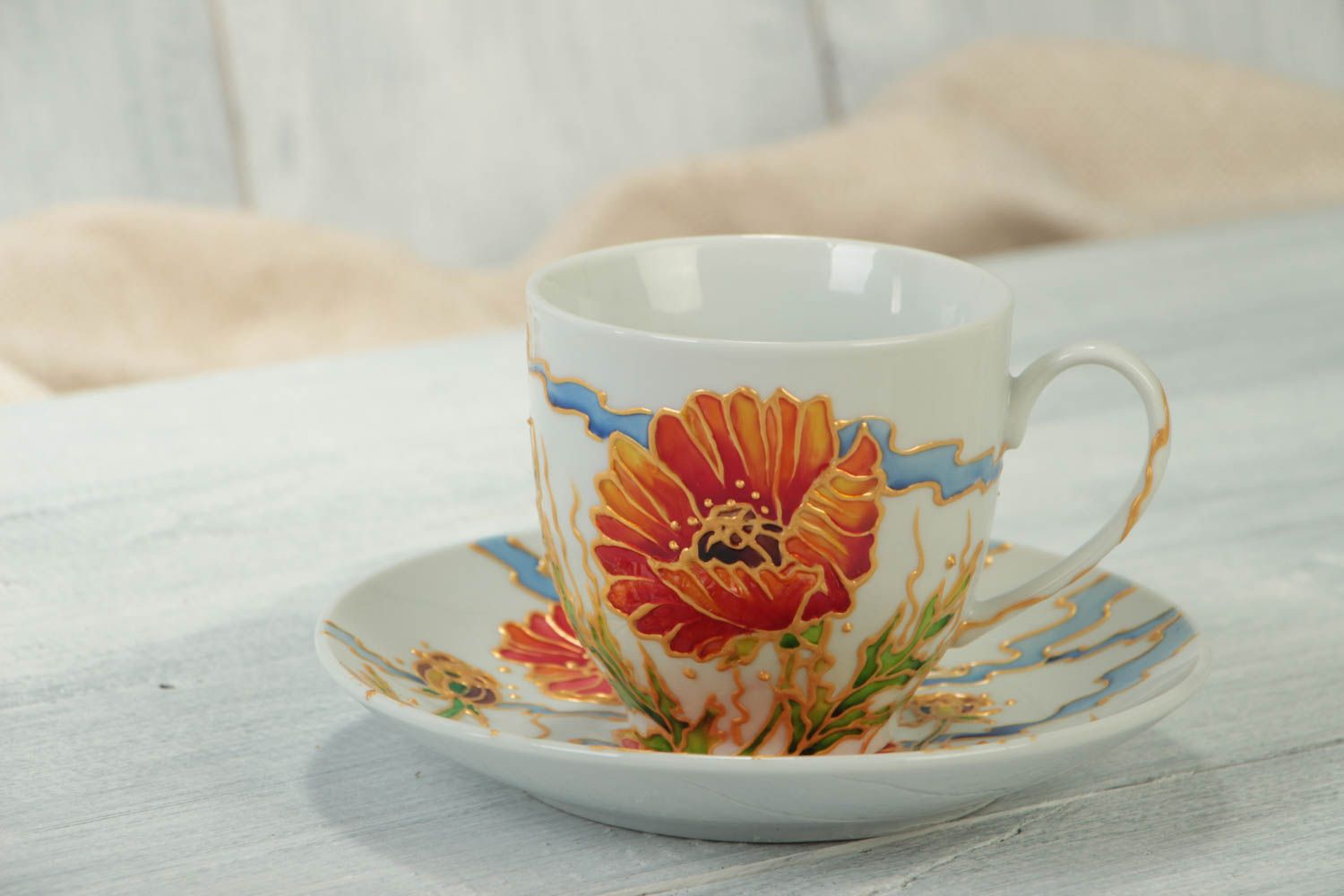 Elegant Japanese tea cup with handle and saucer with flower patter photo 1