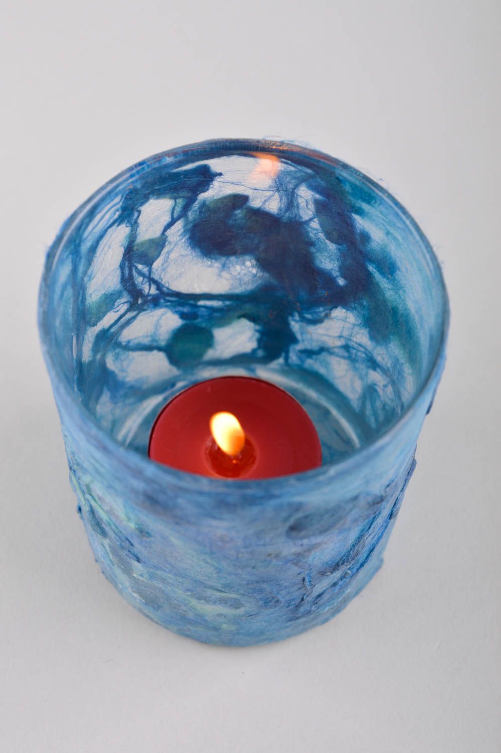 Glass one tea light candle holder in blue color 3,54 inches, 0,45 lb photo 2