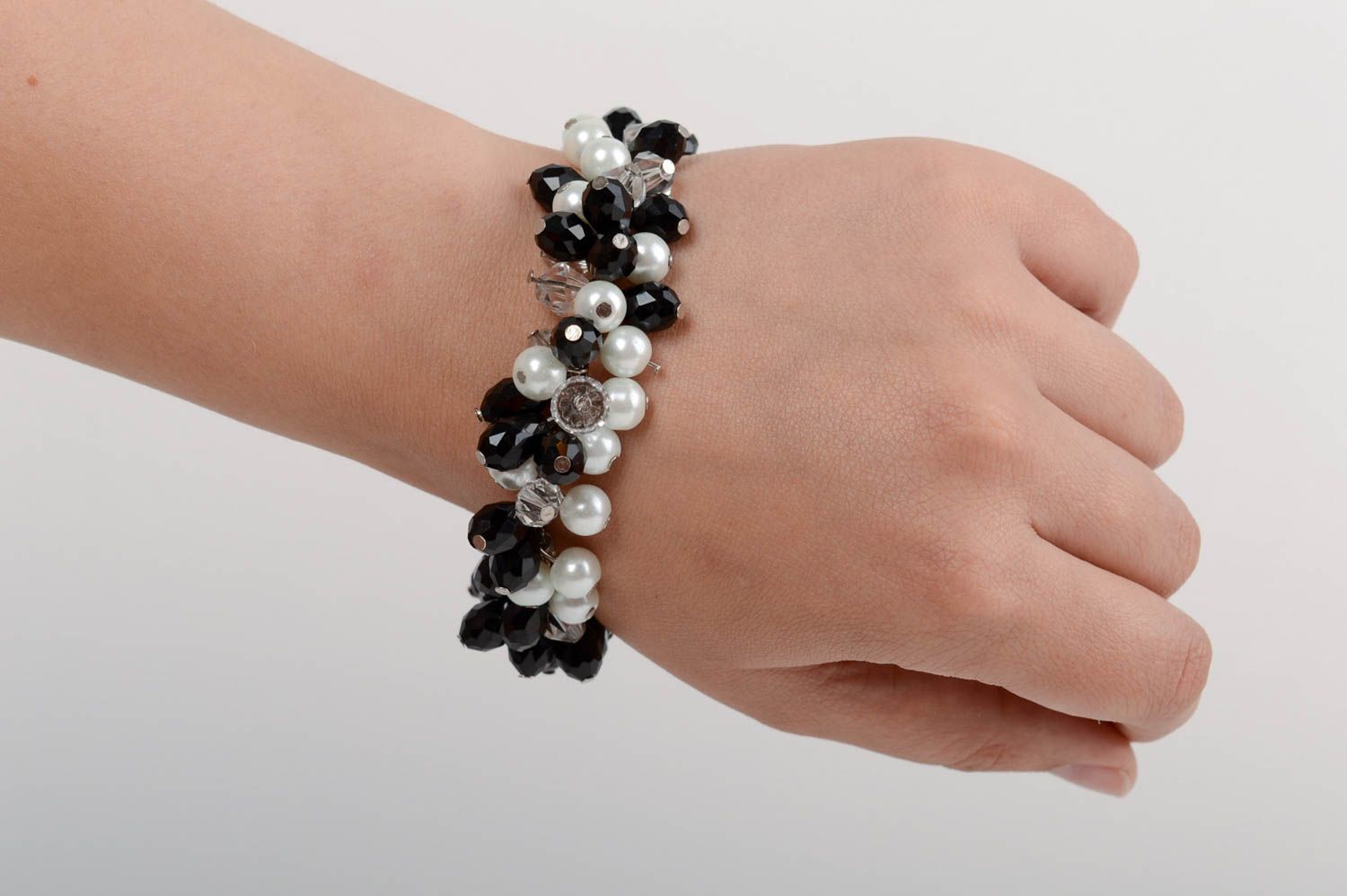 Handmade beautiful festive black and white wrist bracelet made of crystal beads  photo 5