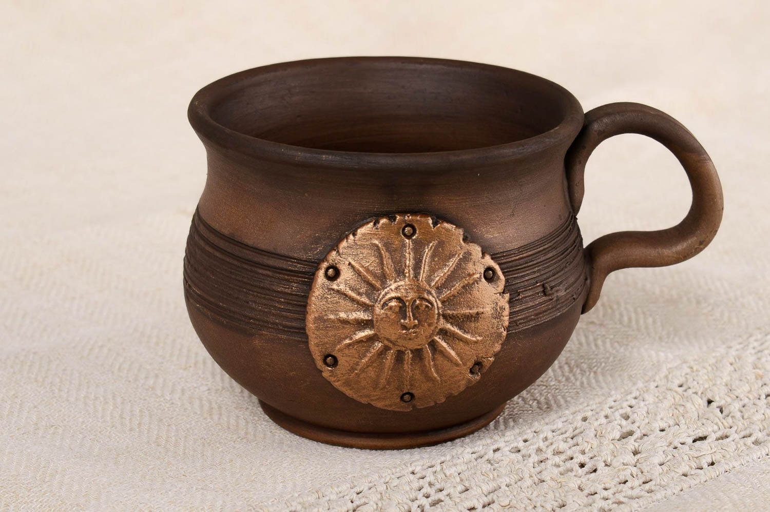 Dark brown clay 8 oz drinking cup with handle and golden sun pattern photo 1
