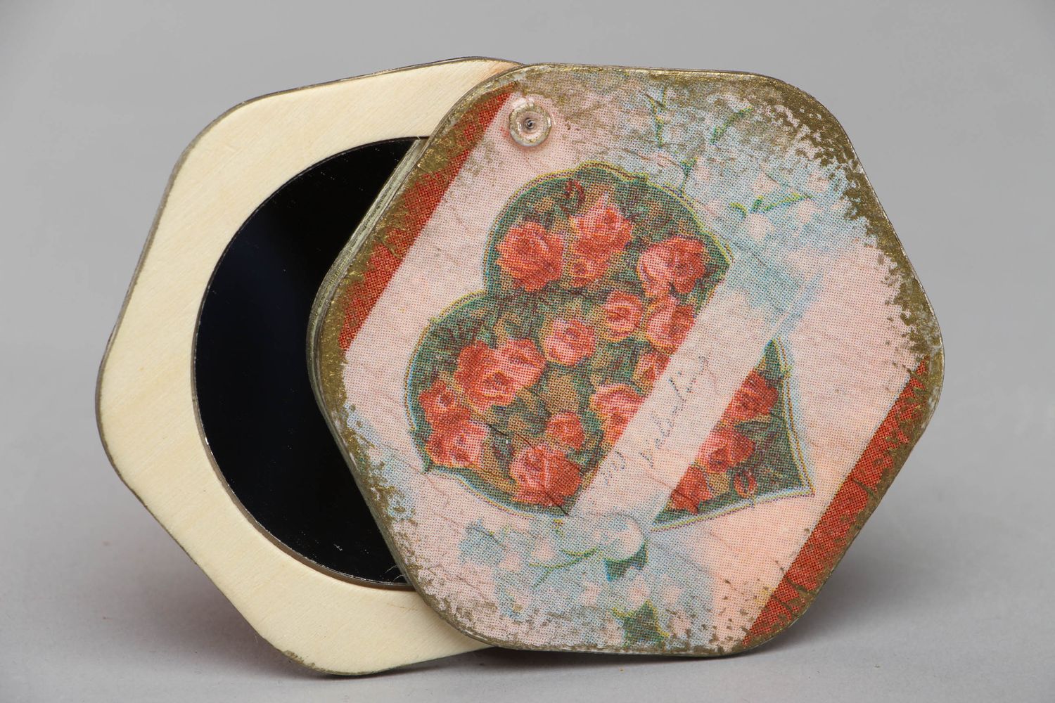 Miroir de poche vintage avec monture en bois en serviettage Coeur de rose photo 2