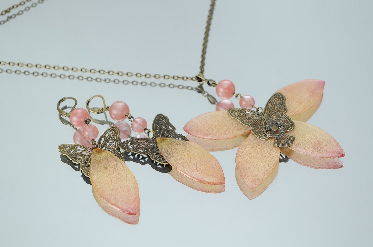Jewelry set made of bronze & epoxy resin earrings & pendant photo 2