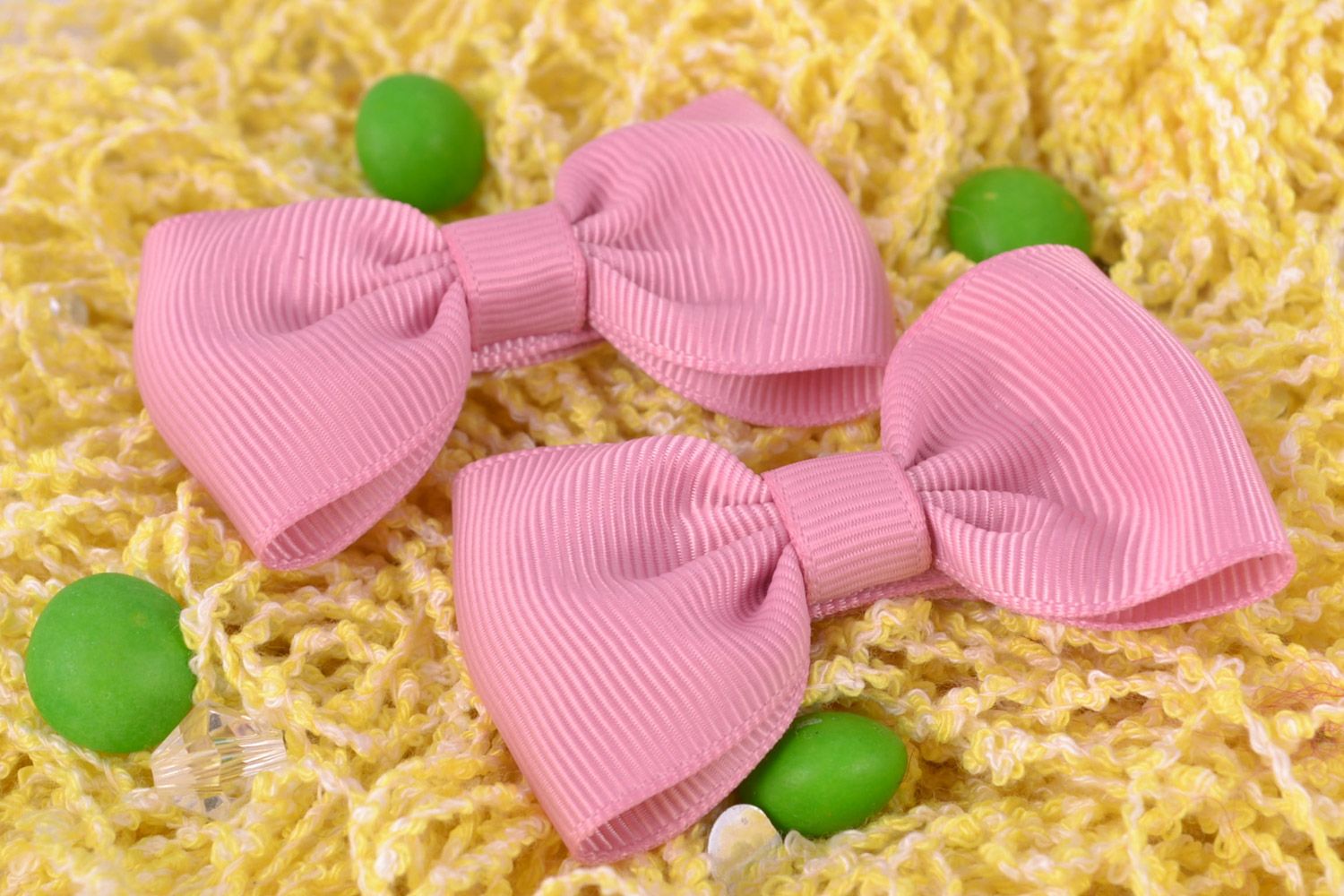 Handmade decorative hair clips with bows set of 2 pieces pink small hair accessories photo 1