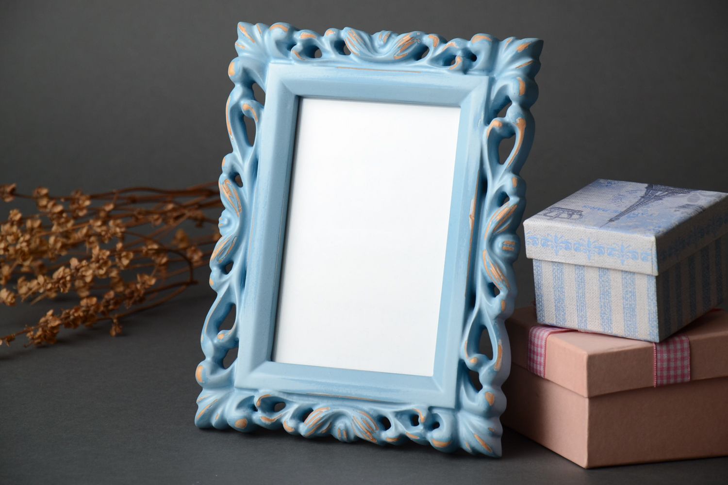 Blue wood carved photo frame for gift photo 1