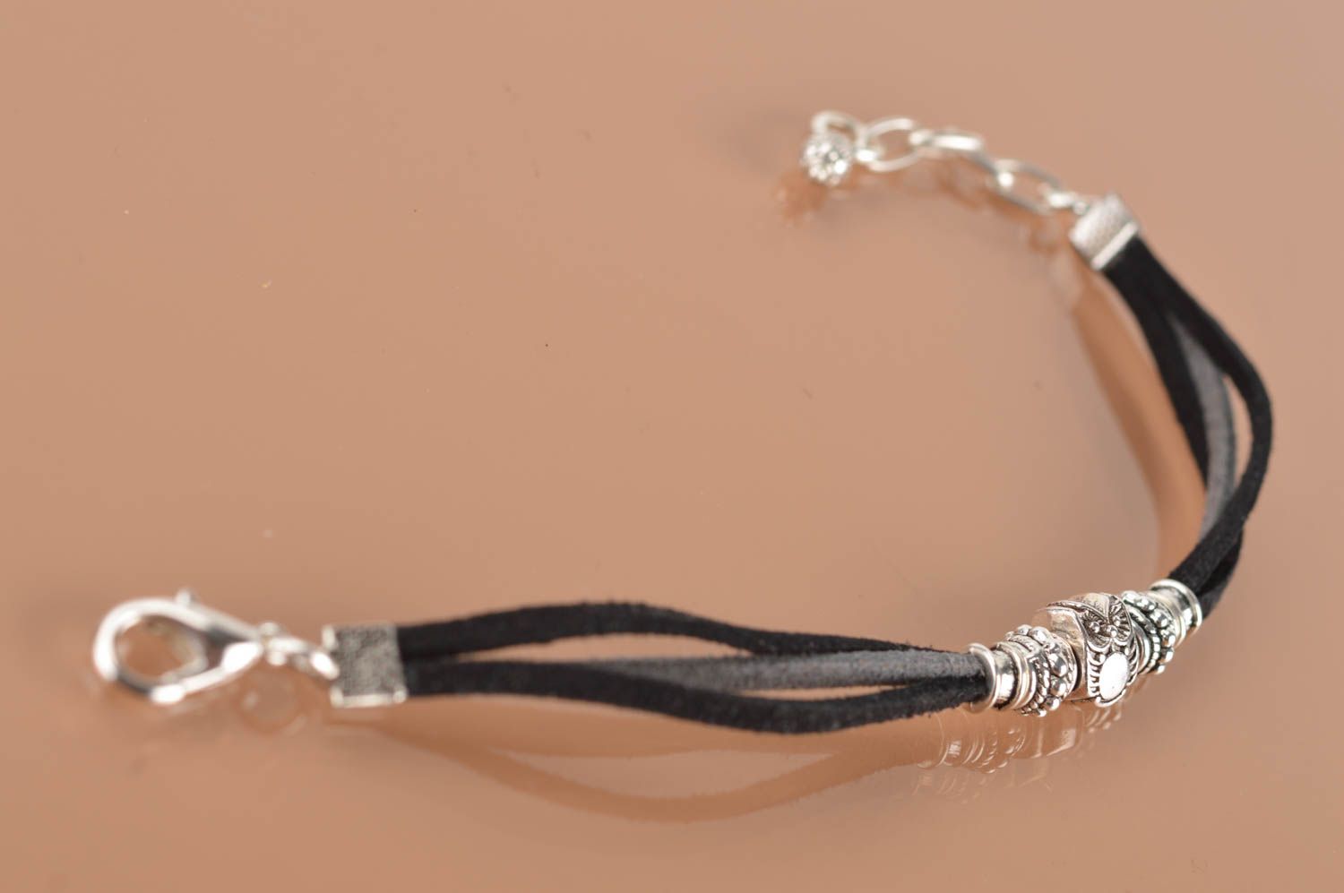 Black and grey bracelet made of chamois leather laces with metal inserts  photo 5