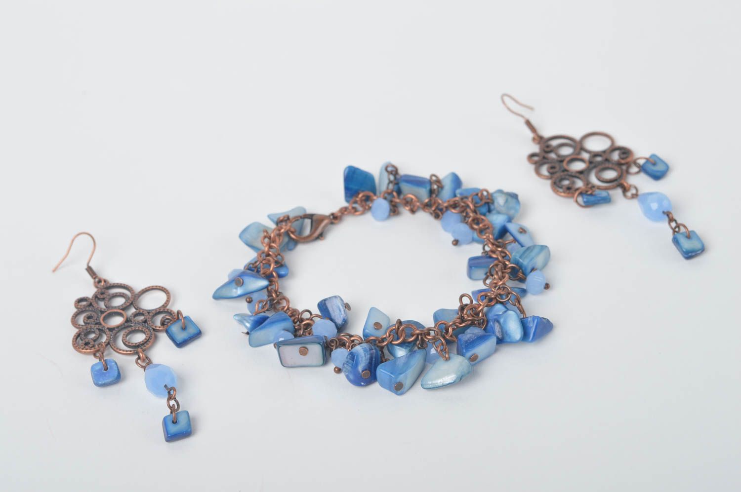 Handmade jewelry set unusual metal bracelet designer nacreous earrings photo 2