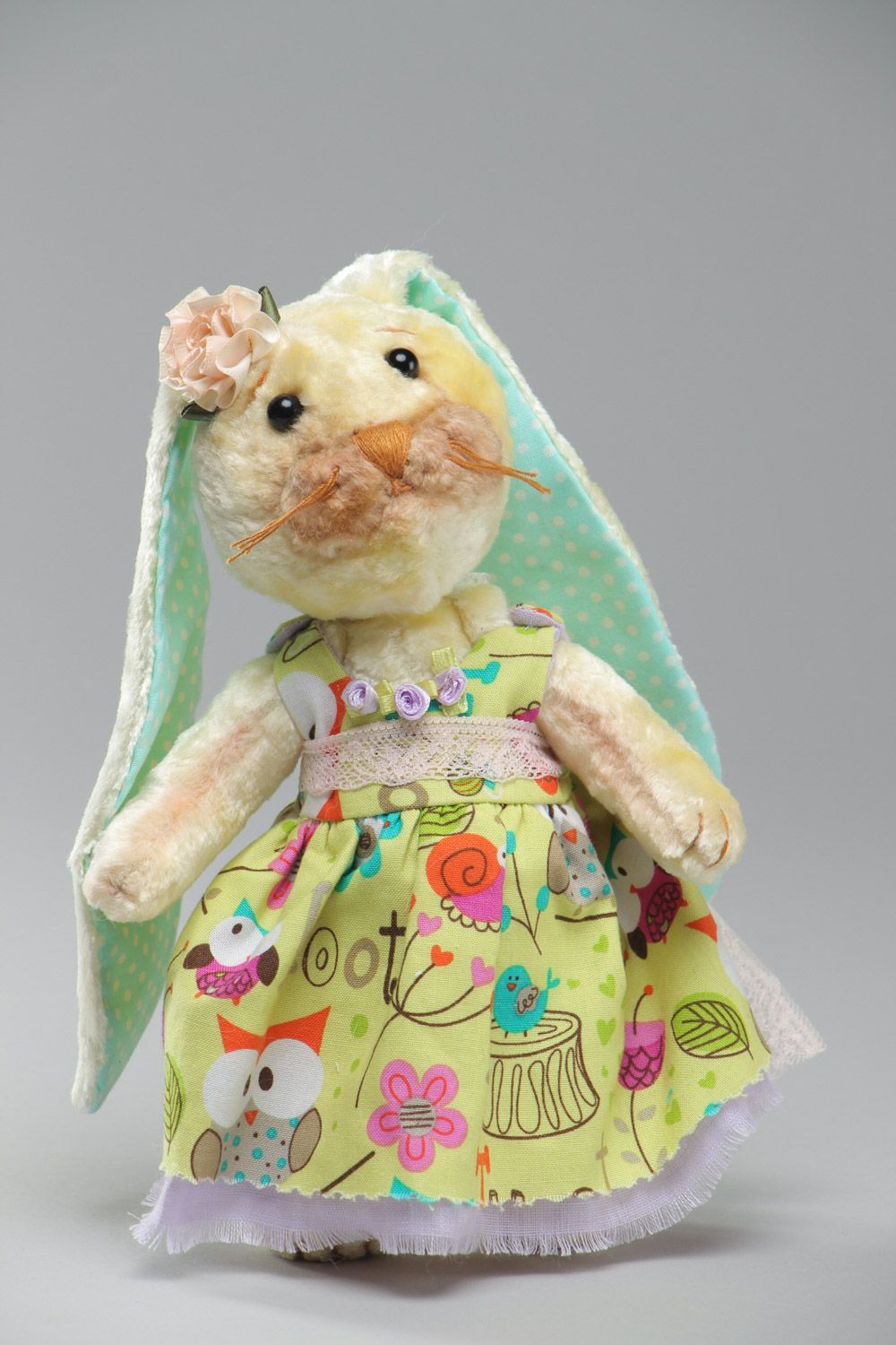 Handmade plush soft toy rabbit with long ears in linen dress with lace for kids photo 2