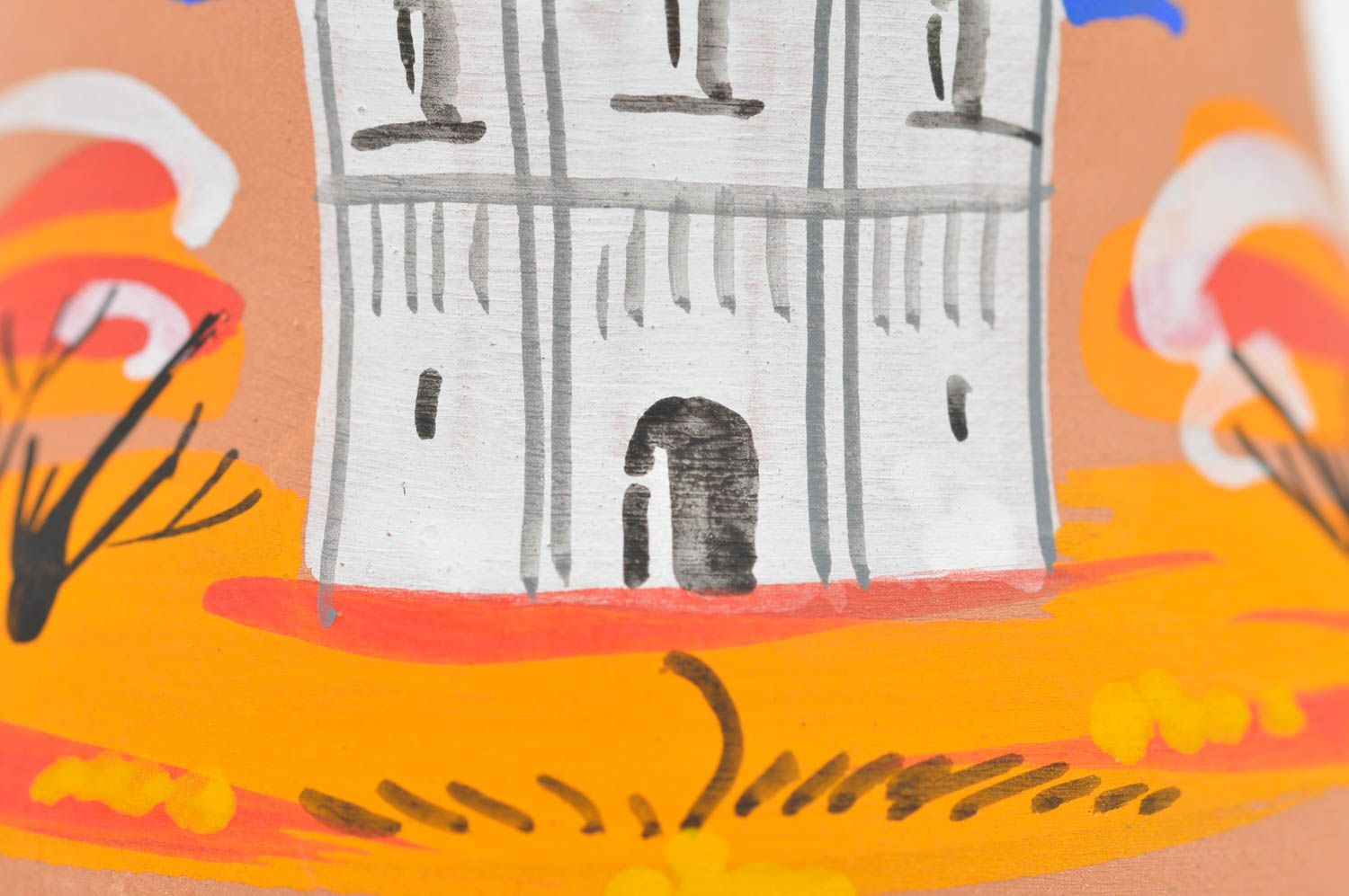 Маленький колокольчик ручной работы из глины с росписью Церковь осенью фото 5