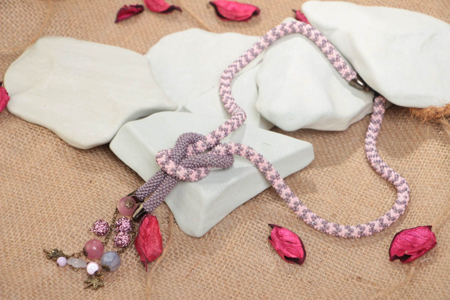 Handmade designer gray and pink beaded cord necklace with charms for women photo 1