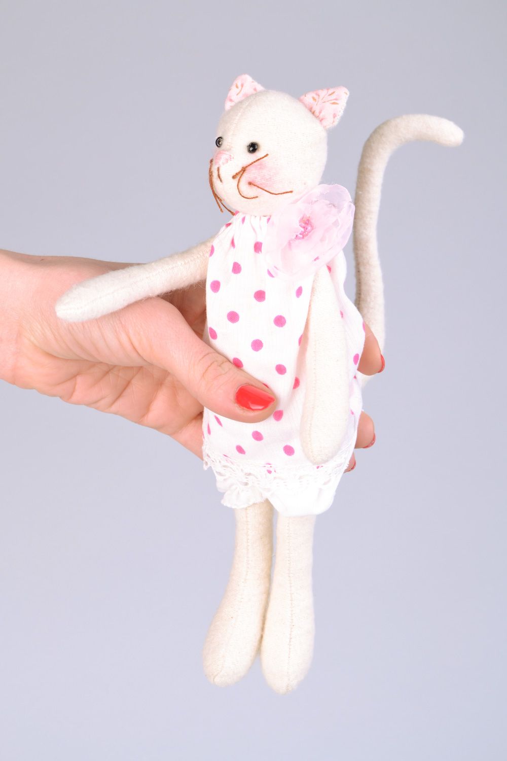 Handmade designer fabric soft toy white cat in polka dot clothing for children photo 2