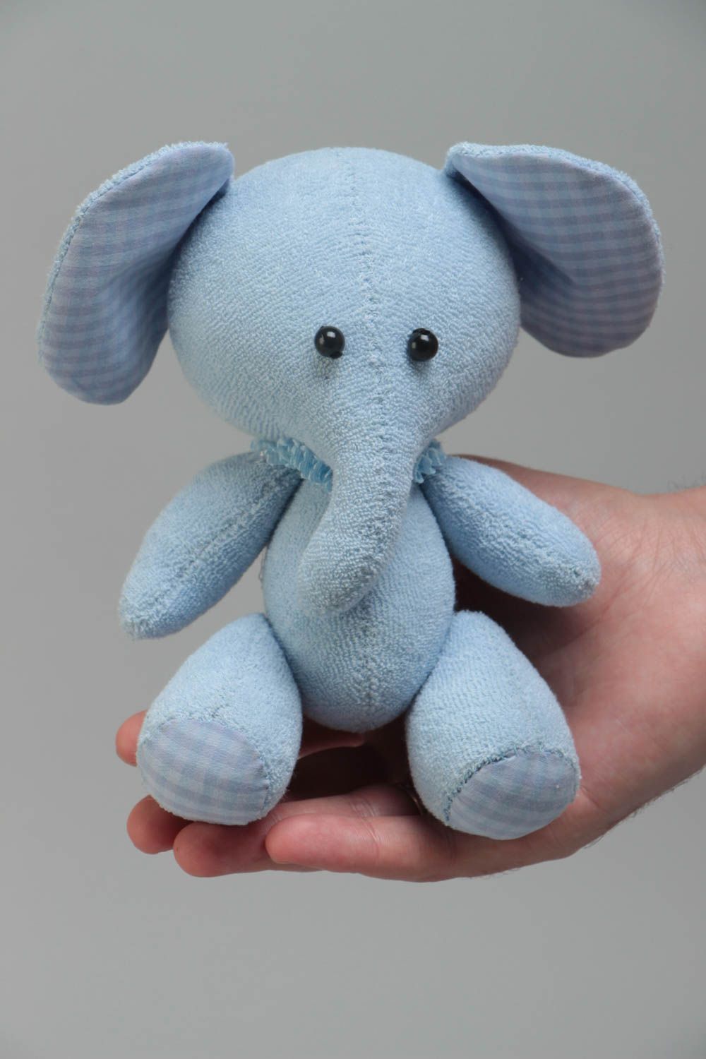 Handmade soft toy sewn of jersey and mohair fabric small blue elephant for kids photo 5