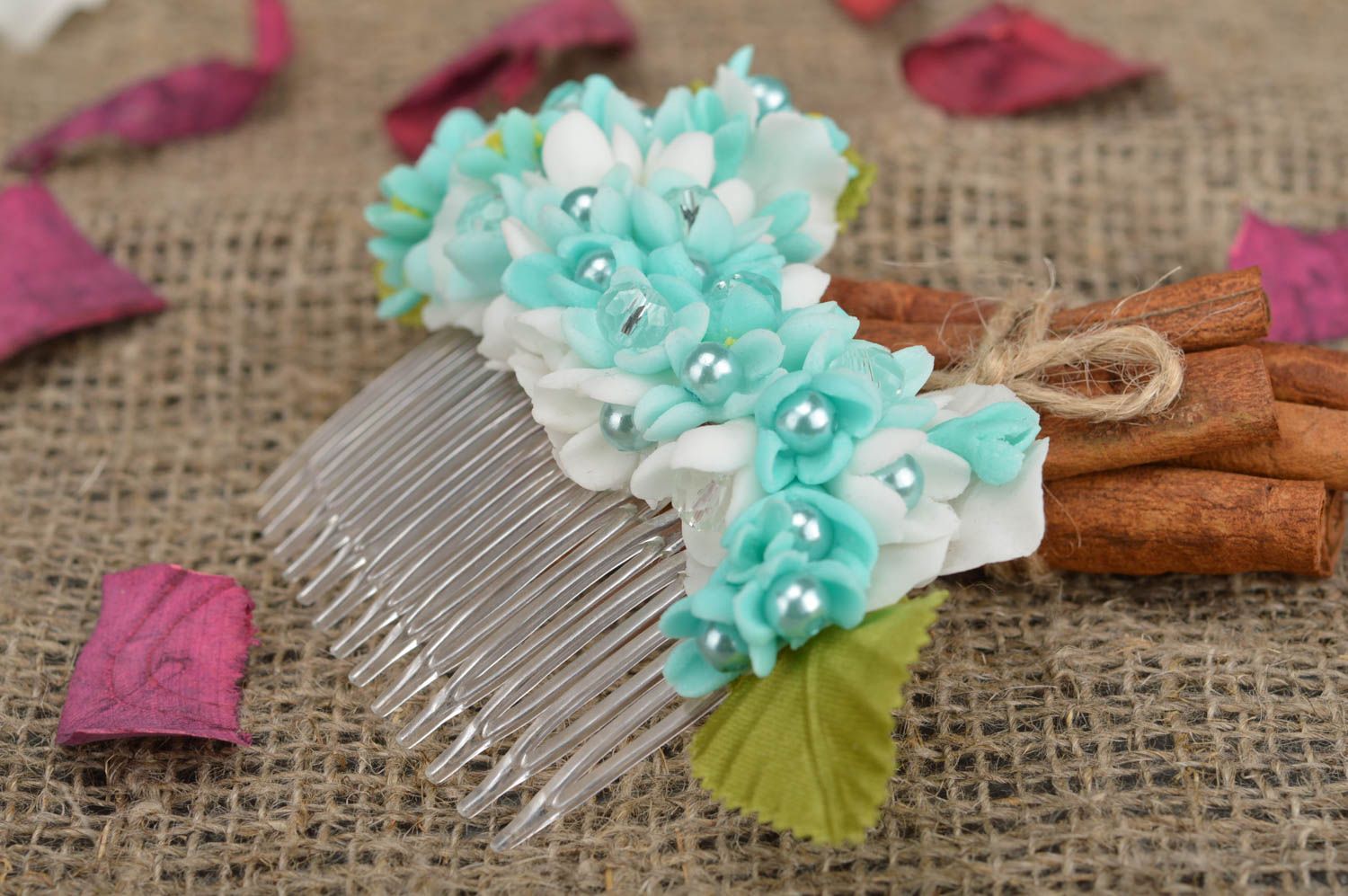 Unusual beautiful designer handmade polymer clay flower hair comb with beads photo 5
