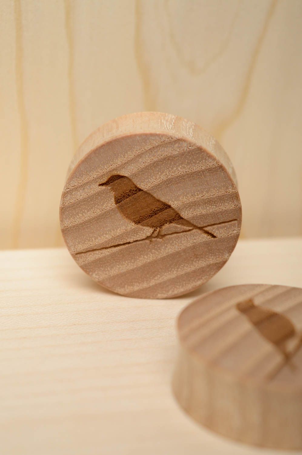 Wooden plug earrings with engraving Birds photo 3