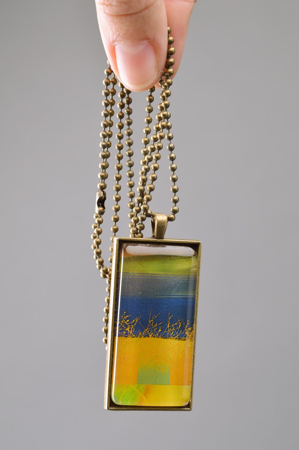 Handmade designer rectangular pendant with print on long chain for women photo 3
