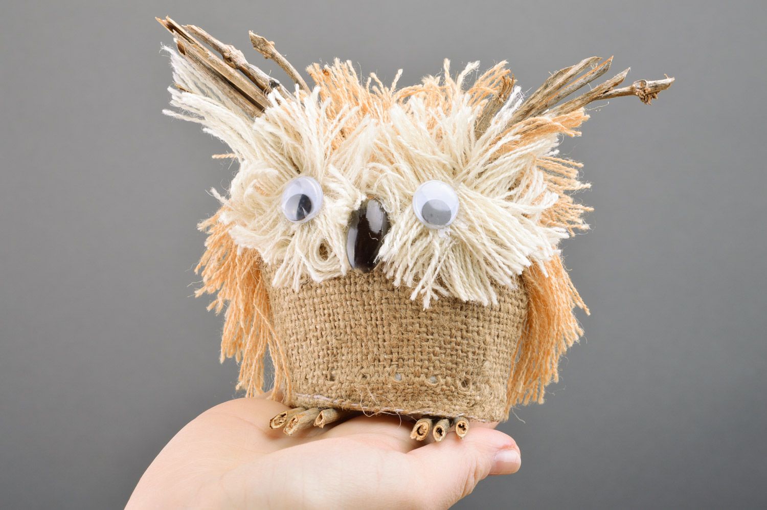Small handmade owl figurine woven of wool and burlap for table decoration photo 1