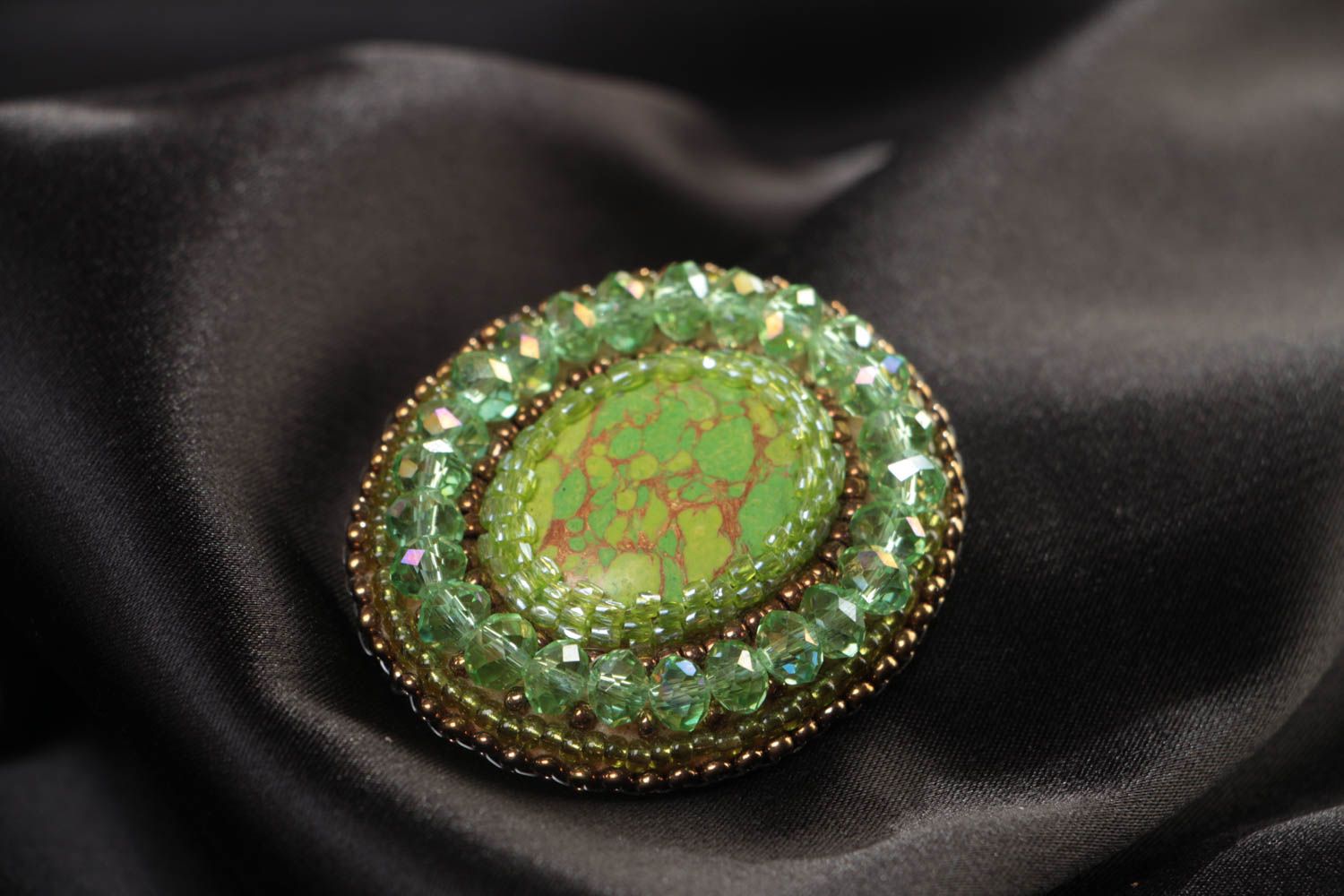Green oval handmade beaded brooch with jasper on leather basis designer jewelry photo 1