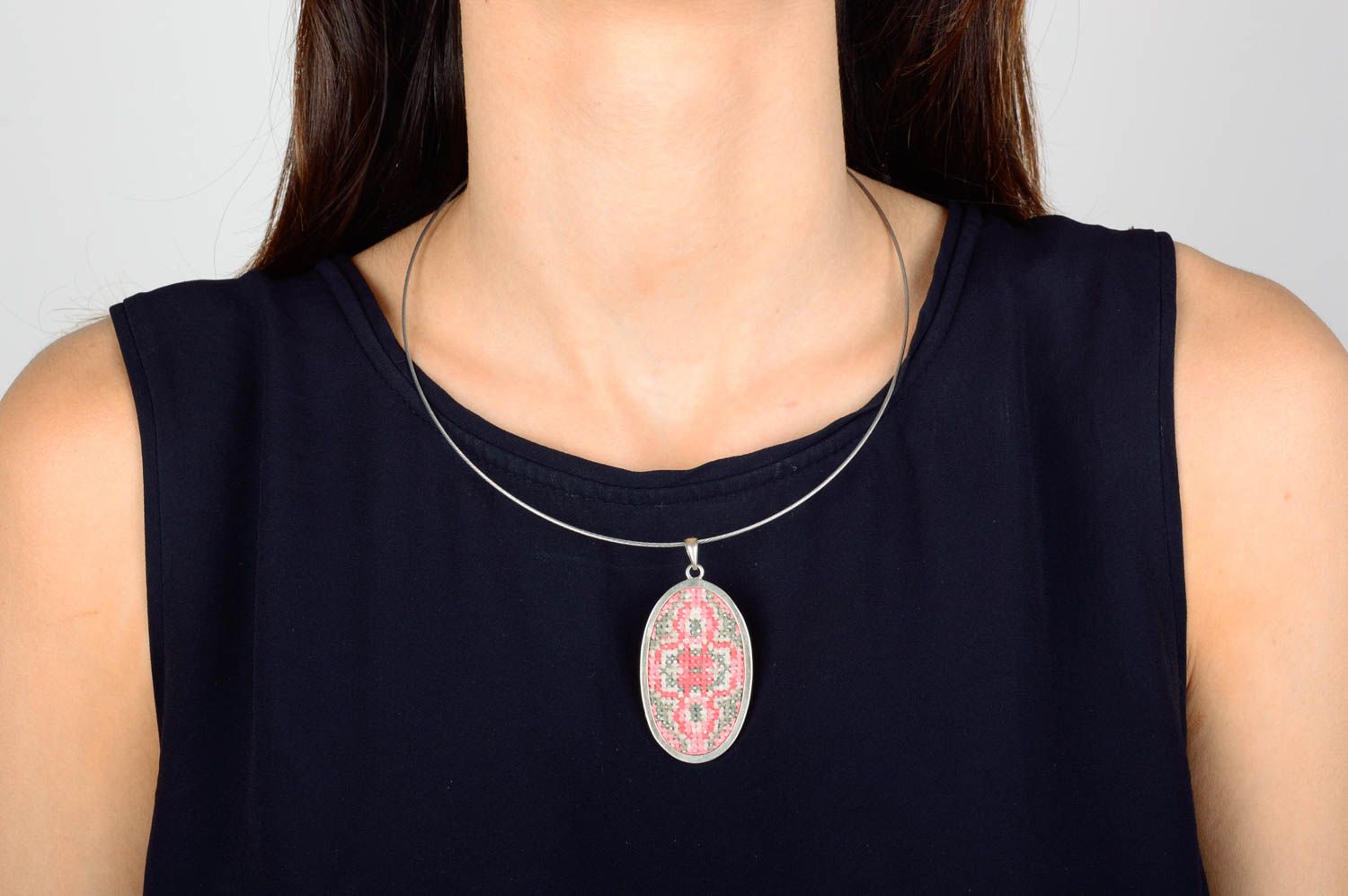 Handmade embroidered pendant female oval jewelry stylish accessory gift photo 2