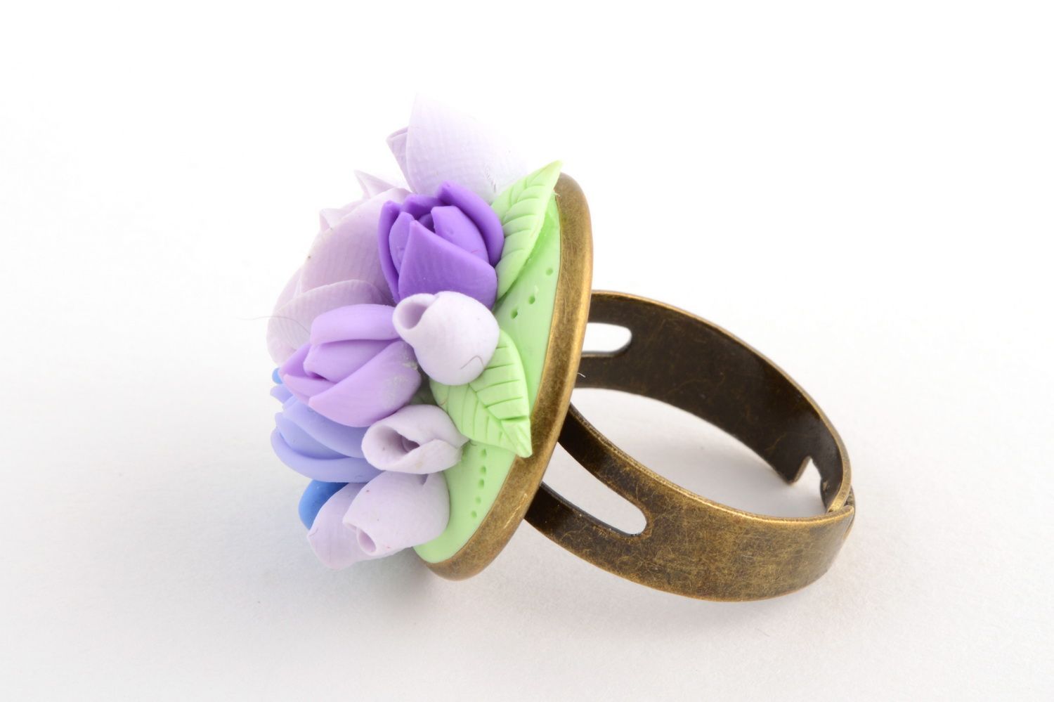 Handmade designer jewelry ring with metal basis and polymer clay blue flowers photo 3